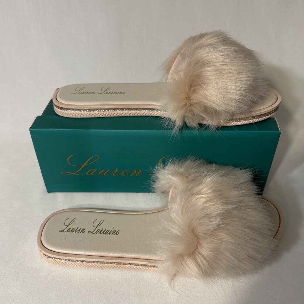 Lauren Lorraine Womens Fluffy Slippers Blush Fake Fur
